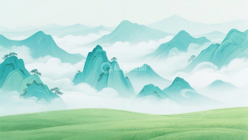 高清大图下载【趣麦麦图】-青绿山水风景插画498