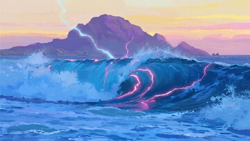 海浪与闪电交织的山海景象281