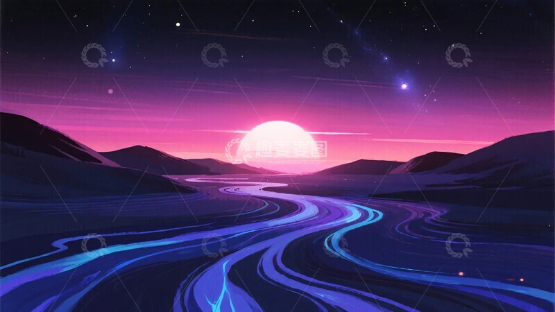 高清大图下载【趣麦麦图】-梦幻绚丽的星空道路风景764