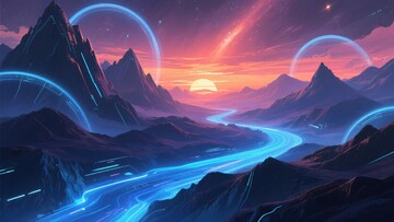 梦幻科幻风格的山川日落景观374