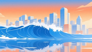 城市与海浪的插画风景372