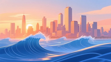 城市海边日落插画风景239