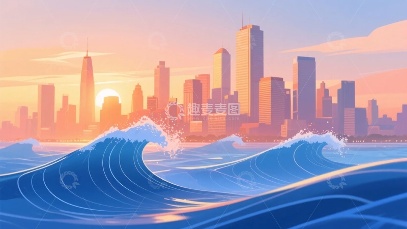高清大图下载【趣麦麦图】-城市海边日落插画风景239