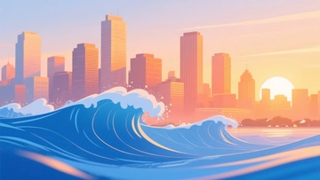 城市海岸夕阳插画场景183