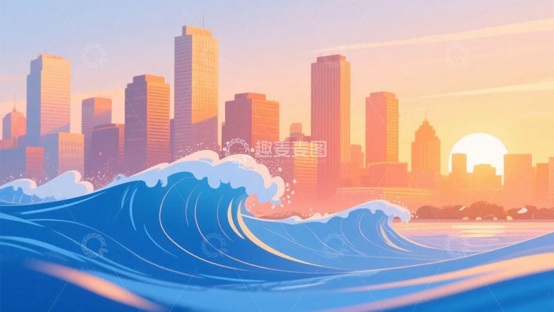 高清大图下载【趣麦麦图】-城市海岸夕阳插画场景183
