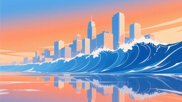 海浪与城市天际线插画624