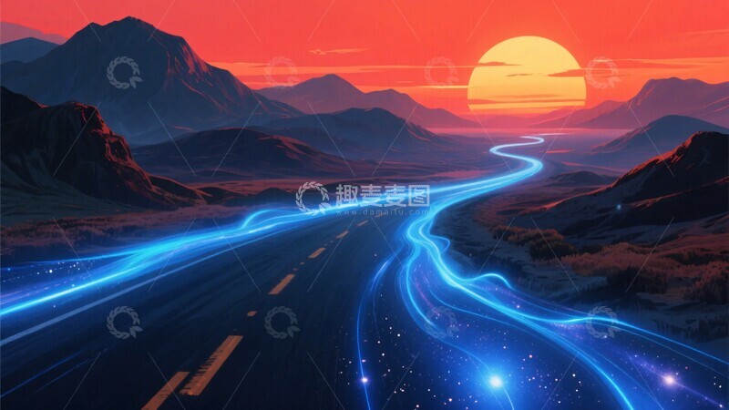 高清大图下载【趣麦麦图】-梦幻公路与落日山川景象806