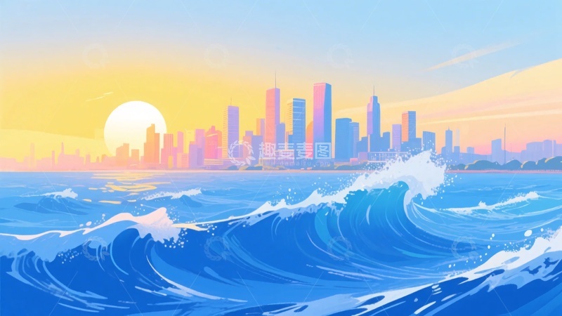 高清大图下载【趣麦麦图】-城市海岸夕阳插画风景517