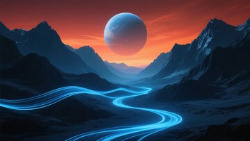 科幻风格的山川月夜景象989