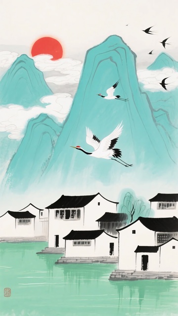 水墨山水间的白鹤与村落934
