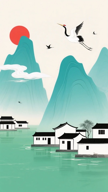 中式山水飞鸟村落插画407