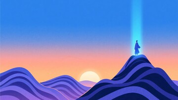 山间人物迎光束日出景象619