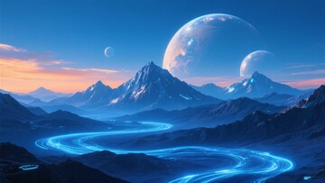 梦幻星球山川夜景插画411