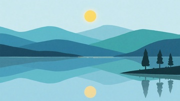 山水湖泊日出插画风景774