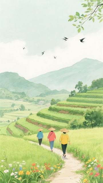 三人漫步田园小路插画932
