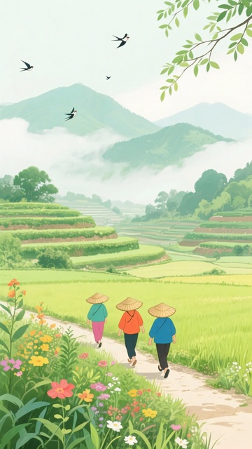 三人漫步田园小路897