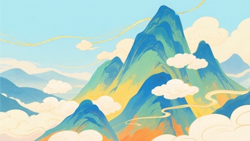插画风格的多彩山峦云海图277