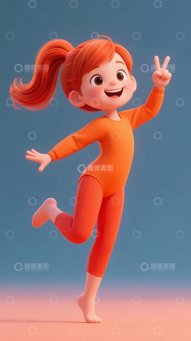 高清大图下载【趣麦麦图】-跳跃比耶的红衣卡通小女孩861