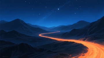山间夜色中的蜿蜒发光道路716