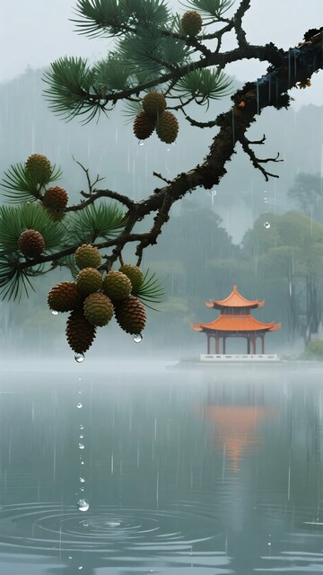 雨中湖畔松枝与亭台景致977