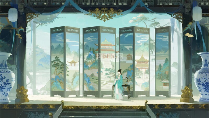 高清大图下载【趣麦麦图】古风室内女子独倚屏风画面741