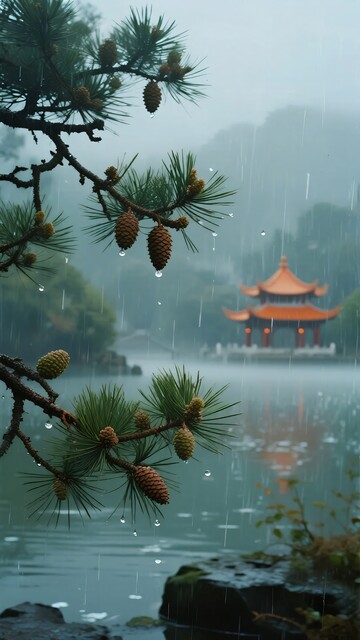 雨中湖畔松枝与亭台景致246