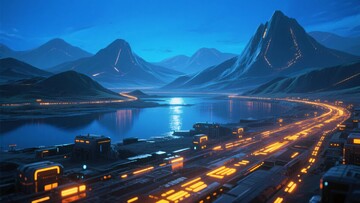 夜晚山景下的城市与道路风光096