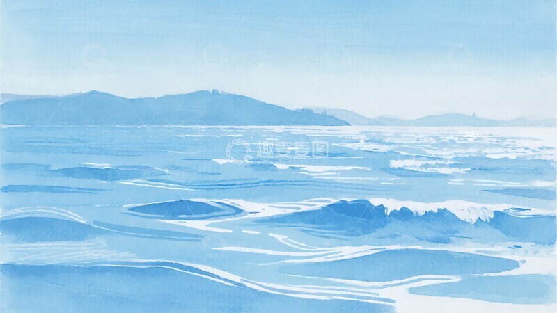 高清大图下载【趣麦麦图】-蓝色海洋与远山风景插画821