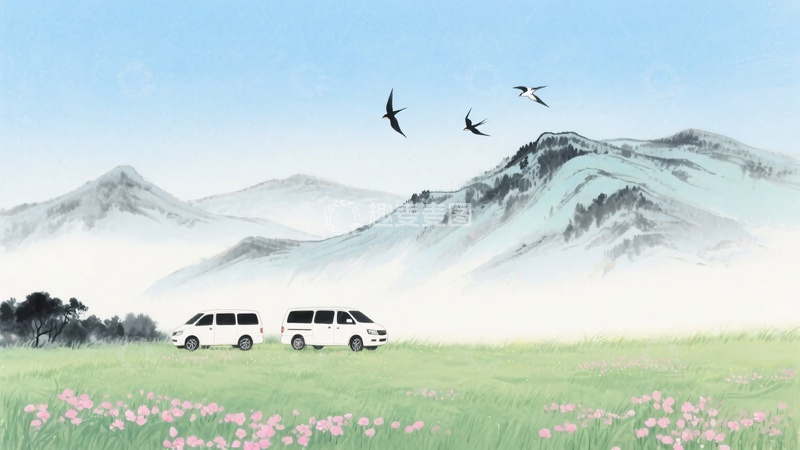 高清大图下载【趣麦麦图】-山间草地旁的车辆与飞鸟景象199