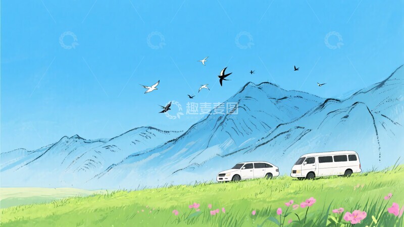 高清大图下载【趣麦麦图】-山间草地旁的两辆白色车辆903