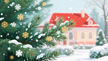 冬日雪景中的房屋与松枝571