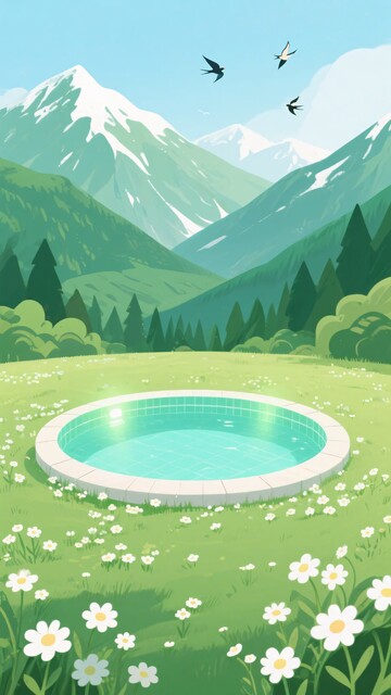 山间草地中的圆形泳池插画808