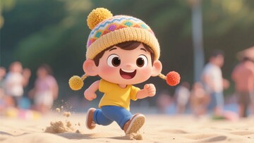 戴帽孩童沙滩欢快奔跑933