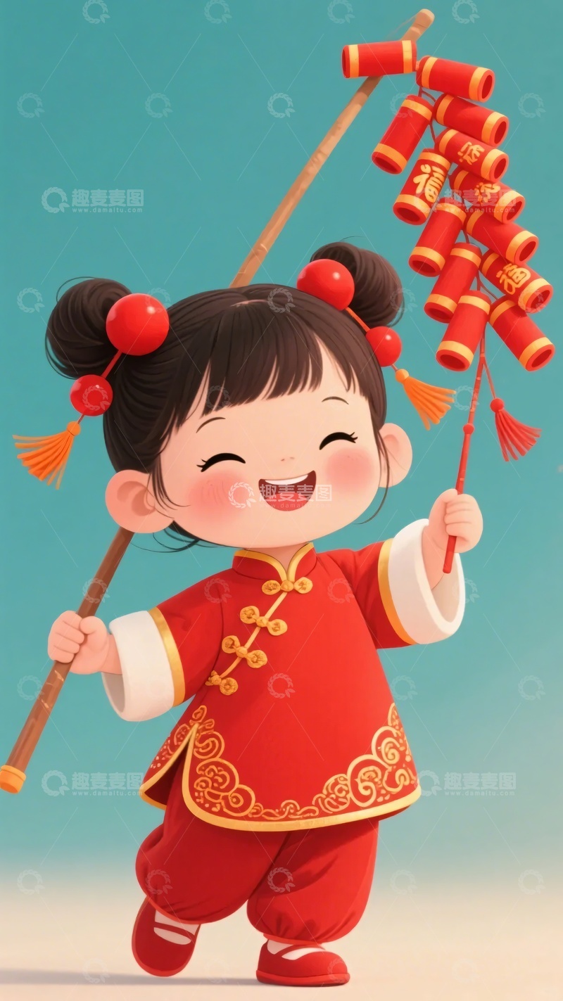 高清大图下载【趣麦麦图】手持鞭炮的红衣小女孩823