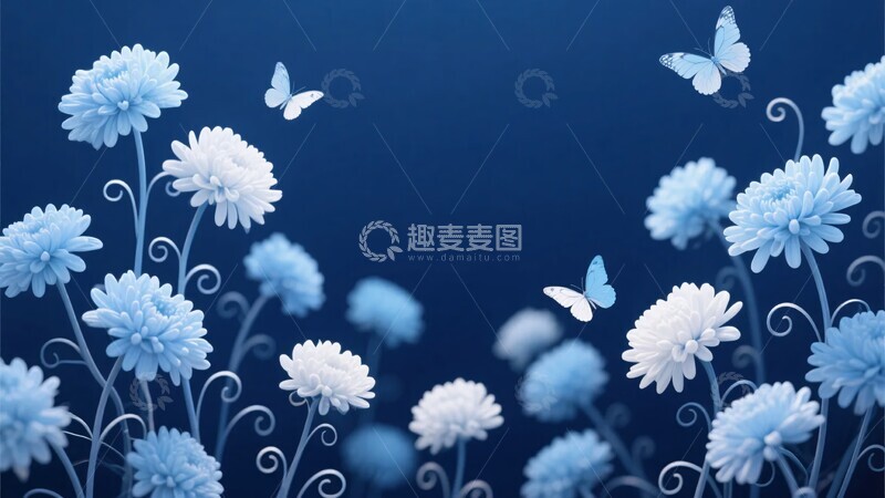 高清大图下载【趣麦麦图】蓝底白花与蝴蝶插画500