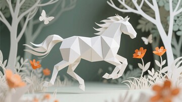 立体折纸白马在花丛树林奔跑223