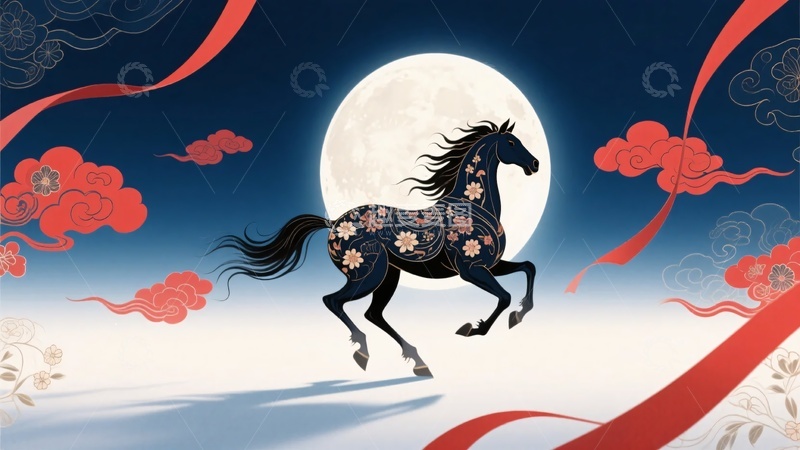高清大图下载【趣麦麦图】-月夜下奔跑的花纹装饰黑马215