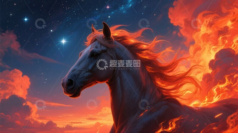 高清大图下载【趣麦麦图】火焰骏马于星空下的壮丽景象510