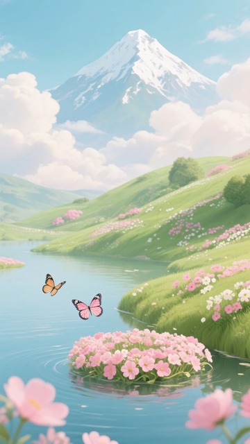春日山间湖泊与蝴蝶美景329