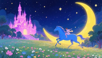 梦幻女孩骑蓝马于城堡月光下372