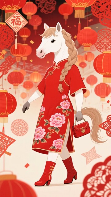 身着旗袍的卡通白马贺岁图108