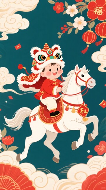 孩童舞狮骑马贺新春插画897