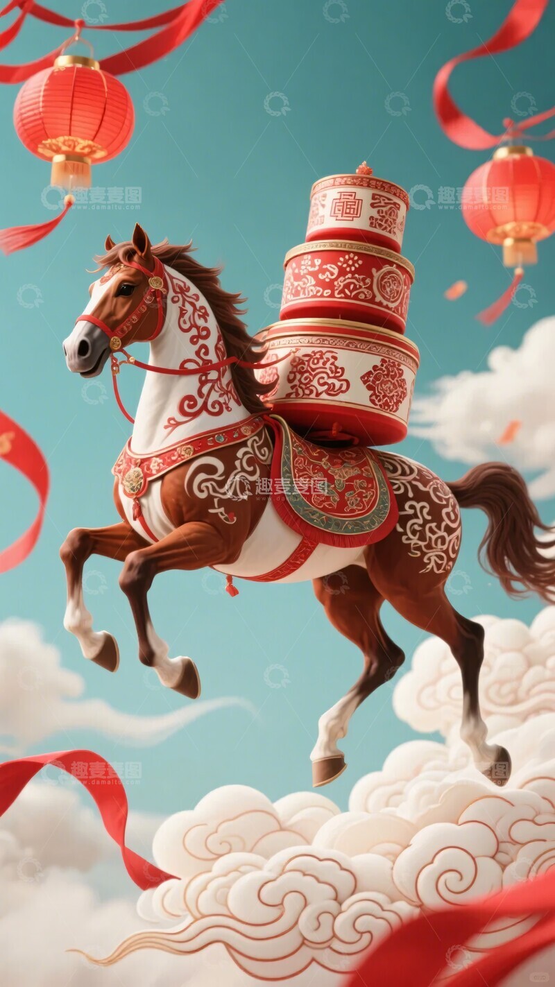 高清大图下载【趣麦麦图】骏马驮礼盒腾云贺岁场景100