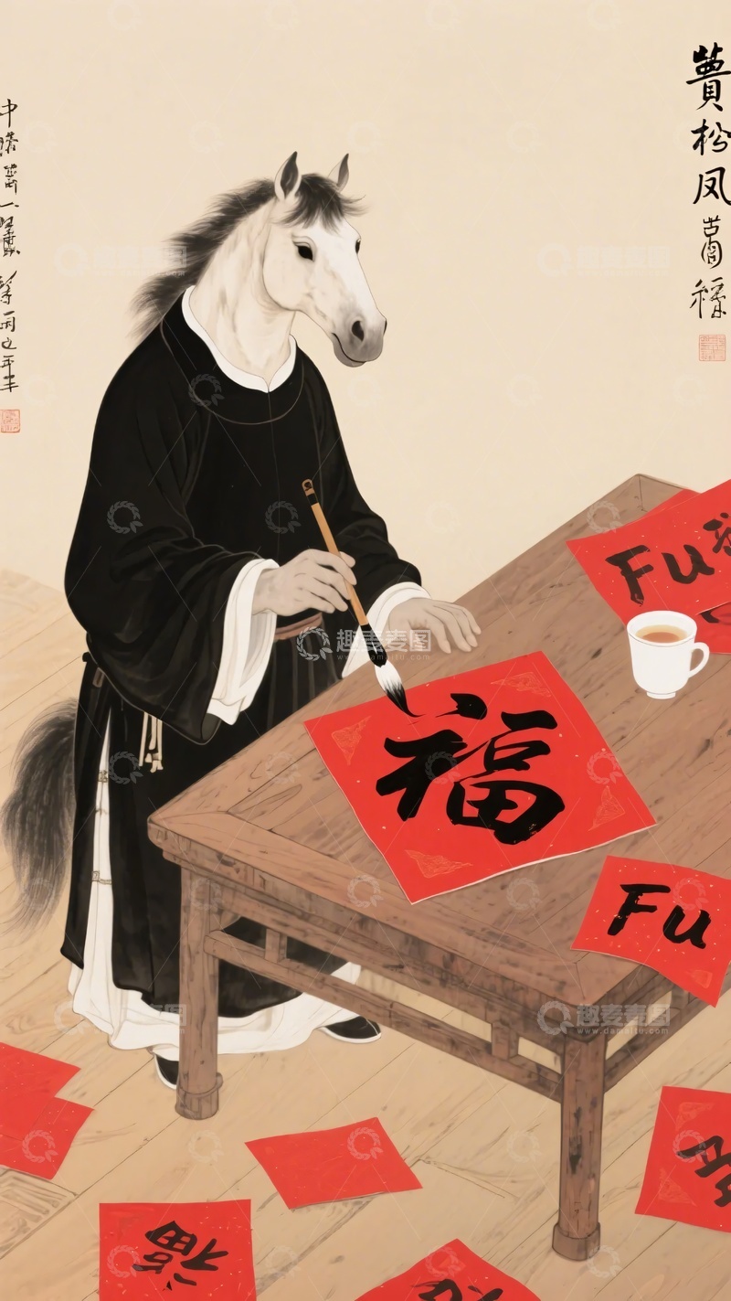高清大图下载【趣麦麦图】-马头人身者写福字插画797