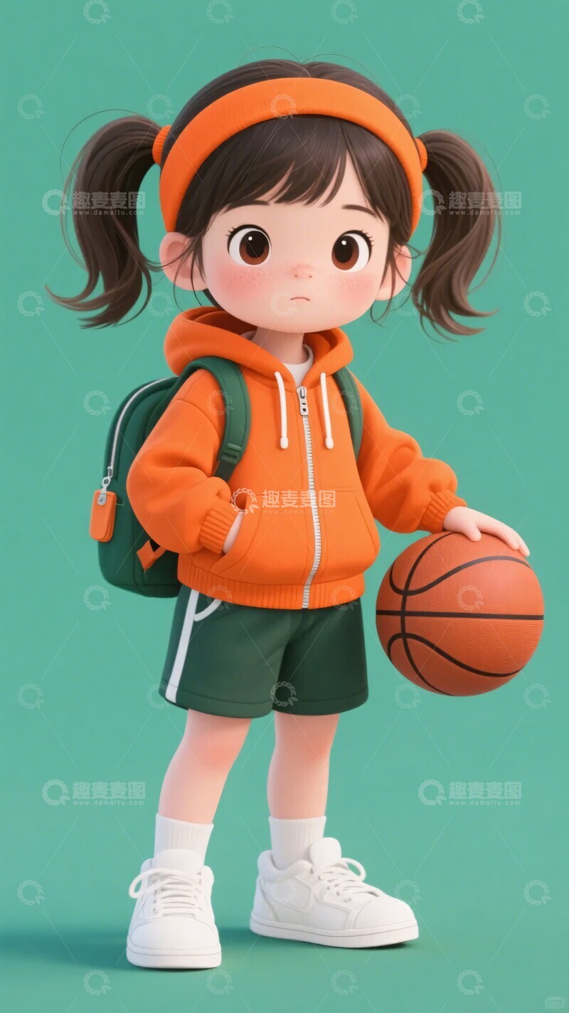 高清大图下载【趣麦麦图】-背书包拿篮球的卡通小女孩602