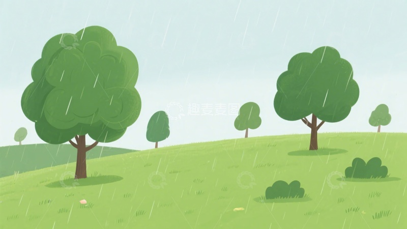 高清大图下载【趣麦麦图】-雨中绿色草地与树木插画345