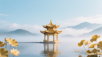 湖中金亭与荷花的唯美景致718
