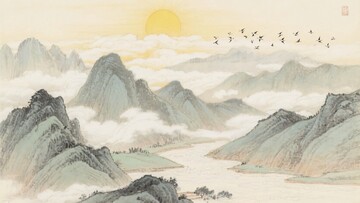 山水飞鸟日出图349
