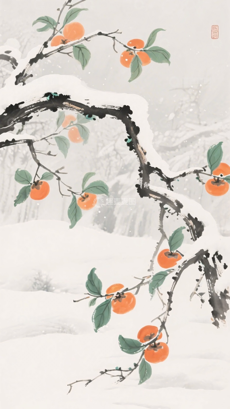 高清大图下载【趣麦麦图】雪中的柿子树枝插画550