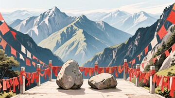 山间经幡与巨石风景015